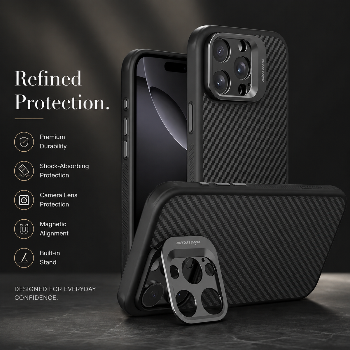Premium iPhone Case Aramid Fiber Kevlar 600D Half Wrapped Cover with MagSafe Invisible Camera Ring Stand Shockproof Anti Fingerprint Design