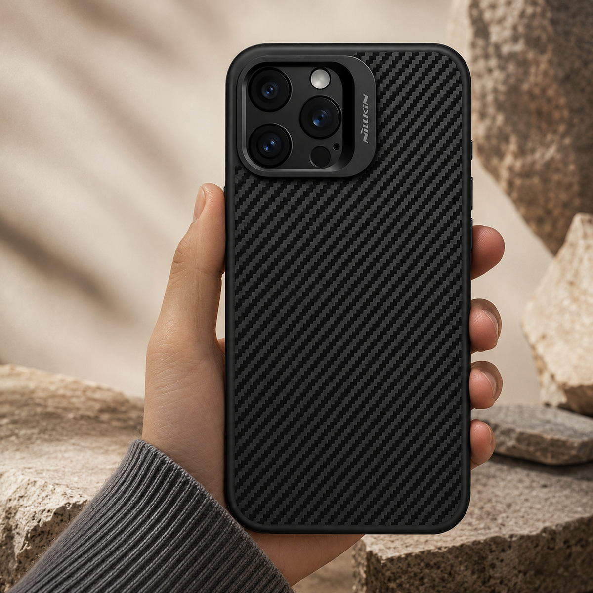 Premium iPhone Case Aramid Fiber Kevlar 600D Half Wrapped Cover with MagSafe Invisible Camera Ring Stand Shockproof Anti Fingerprint Design
