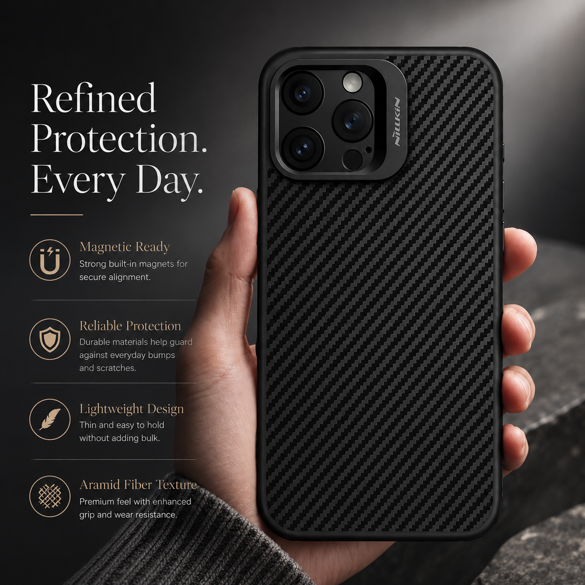 Premium iPhone Case Aramid Fiber Kevlar 600D Half Wrapped Cover with MagSafe Invisible Camera Ring Stand Shockproof Anti Fingerprint Design
