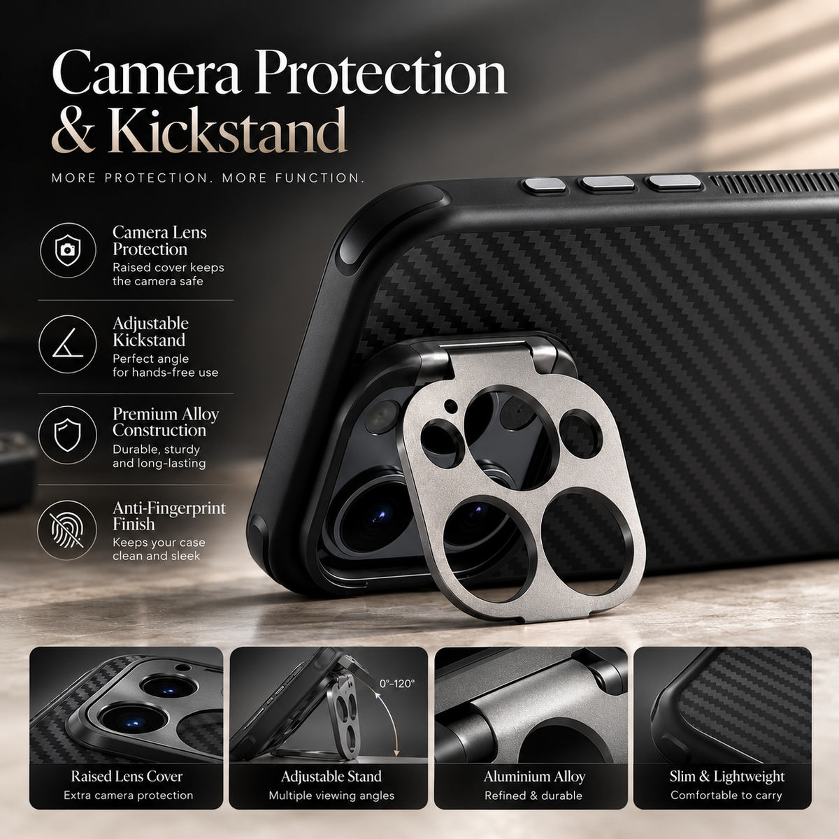Premium iPhone Case Aramid Fiber Kevlar 600D Half Wrapped Cover with MagSafe Invisible Camera Ring Stand Shockproof Anti Fingerprint Design
