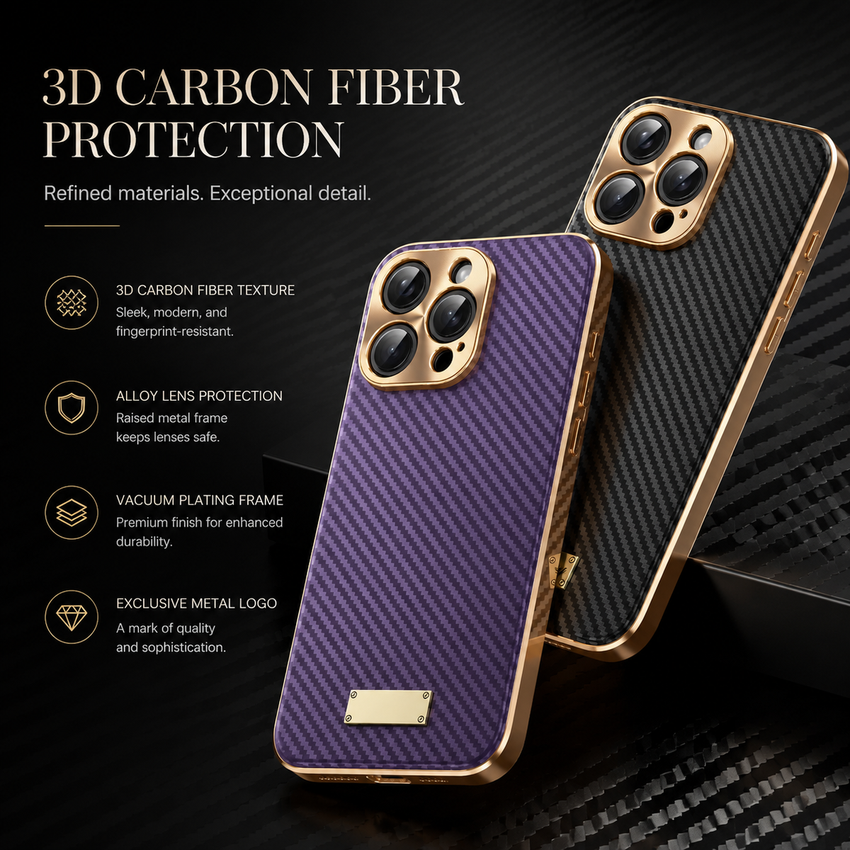 Premium iPhone Case Carbon Fiber Textured Leather Protective Cover Alloy Metal Lens Guard Shockproof Slim Fit Durable Anti Scratch Lightweight Design