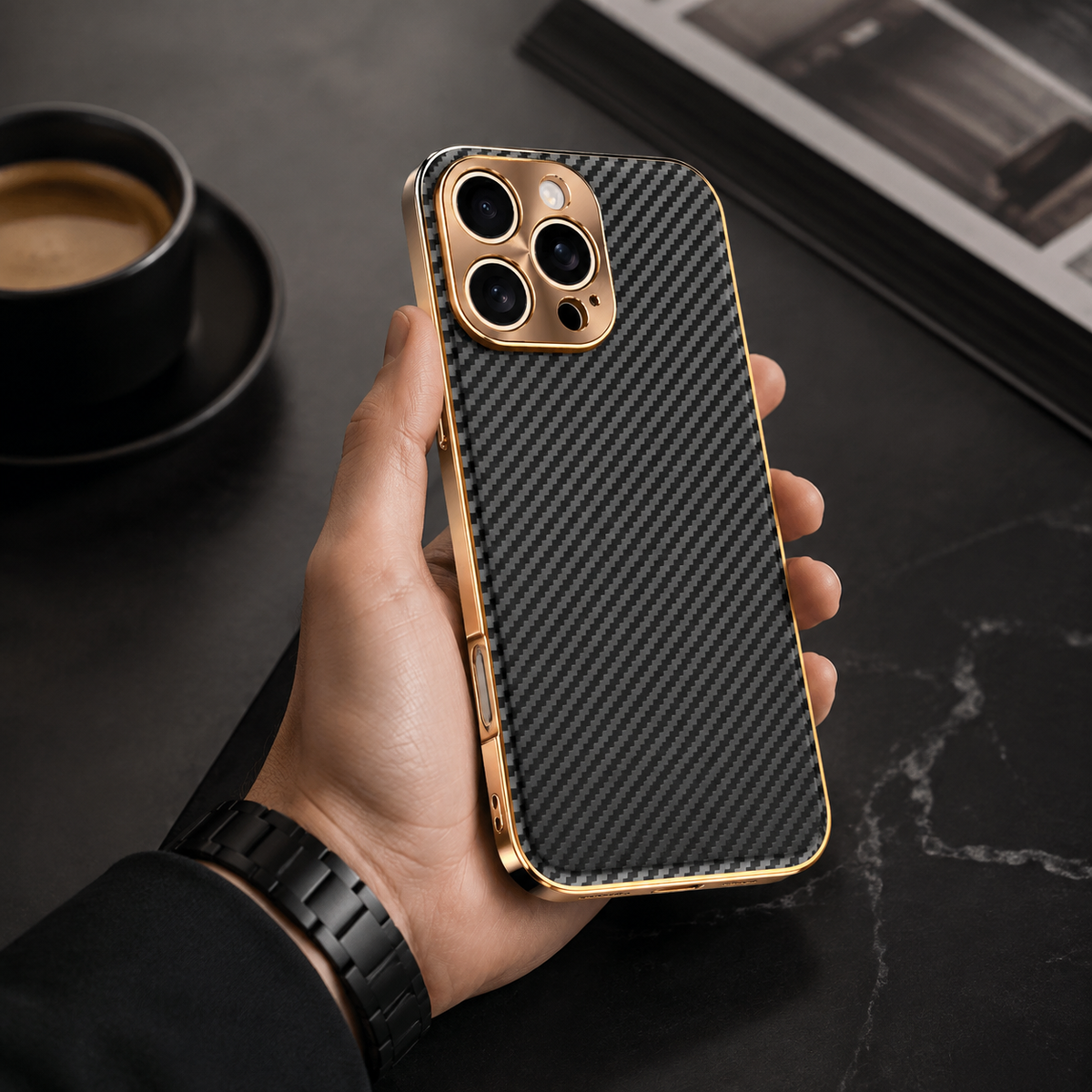 Premium iPhone Case Carbon Fiber Textured Leather Protective Cover Alloy Metal Lens Guard Shockproof Slim Fit Durable Anti Scratch Lightweight Design