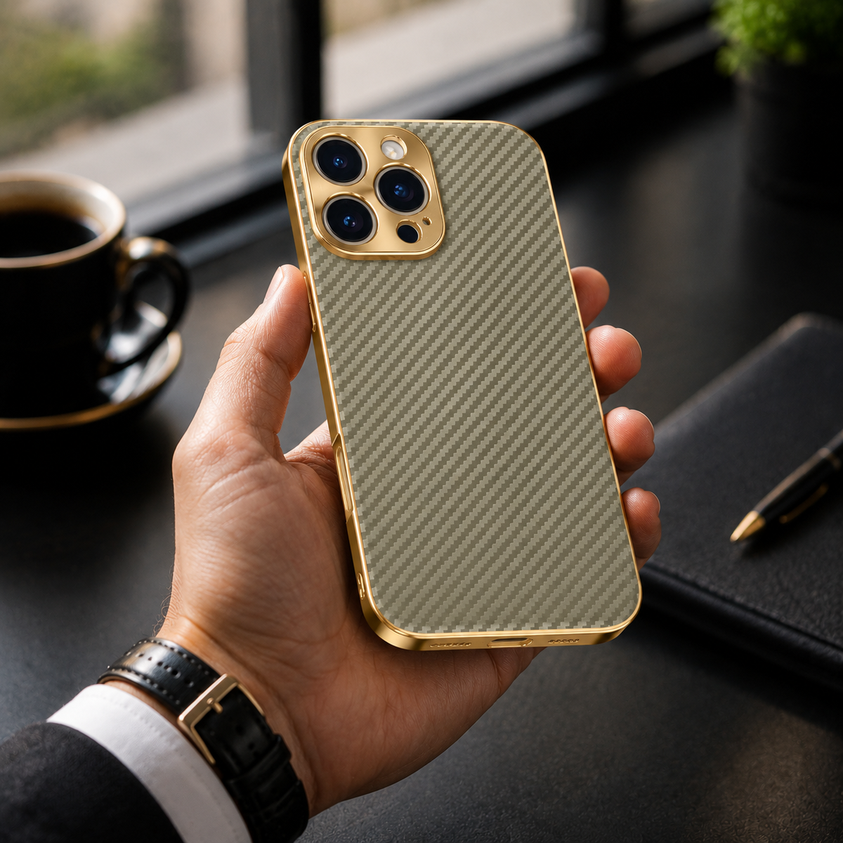 Premium iPhone Case Carbon Fiber Textured Leather Protective Cover Alloy Metal Lens Guard Shockproof Slim Fit Durable Anti Scratch Lightweight Design