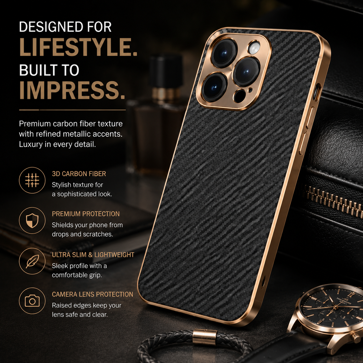 Premium iPhone Case Carbon Fiber Textured Leather Protective Cover Alloy Metal Lens Guard Shockproof Slim Fit Durable Anti Scratch Lightweight Design
