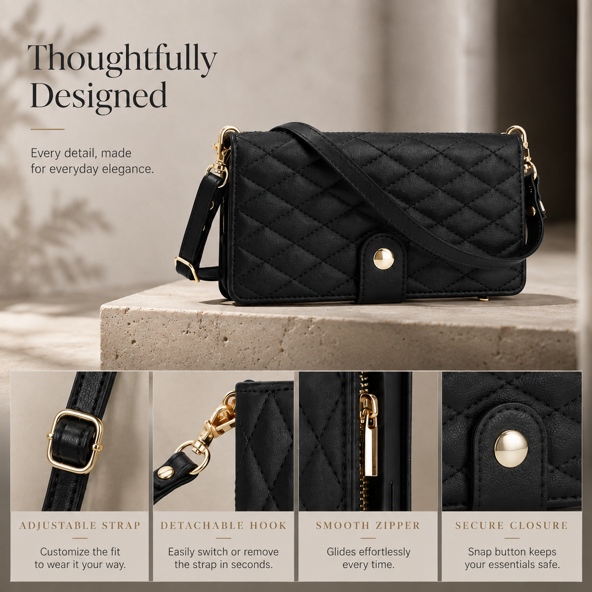 Premium iPhone Case Chain Zipper Wallet Flip Cover 6 Card Slots Magnetic Closure Shockproof Leather Protection Full Coverage Slim Stand Design
