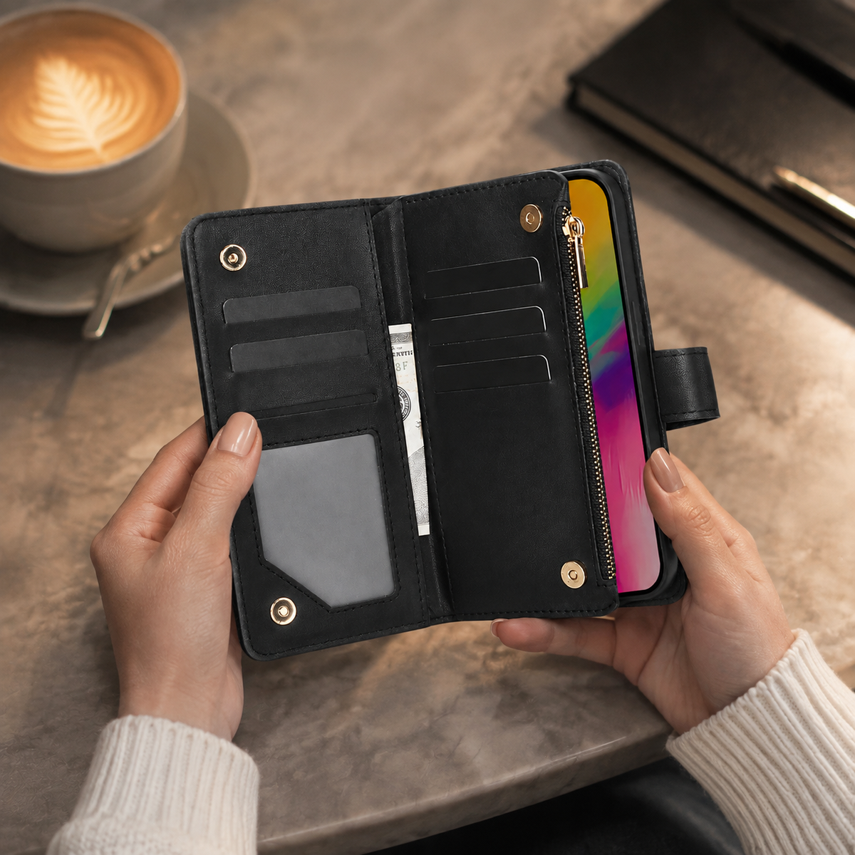 Premium iPhone Case Chain Zipper Wallet Flip Cover 6 Card Slots Magnetic Closure Shockproof Leather Protection Full Coverage Slim Stand Design