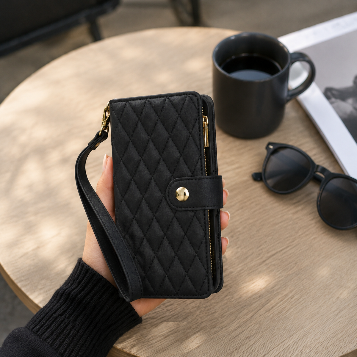 Premium iPhone Case Chain Zipper Wallet Flip Cover 6 Card Slots Magnetic Closure Shockproof Leather Protection Full Coverage Slim Stand Design