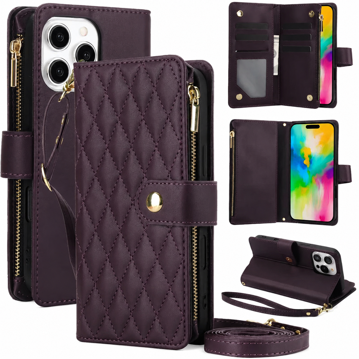 Premium iPhone Case Chain Zipper Wallet Flip Cover 6 Card Slots Magnetic Closure Shockproof Leather Protection Full Coverage Slim Stand Design