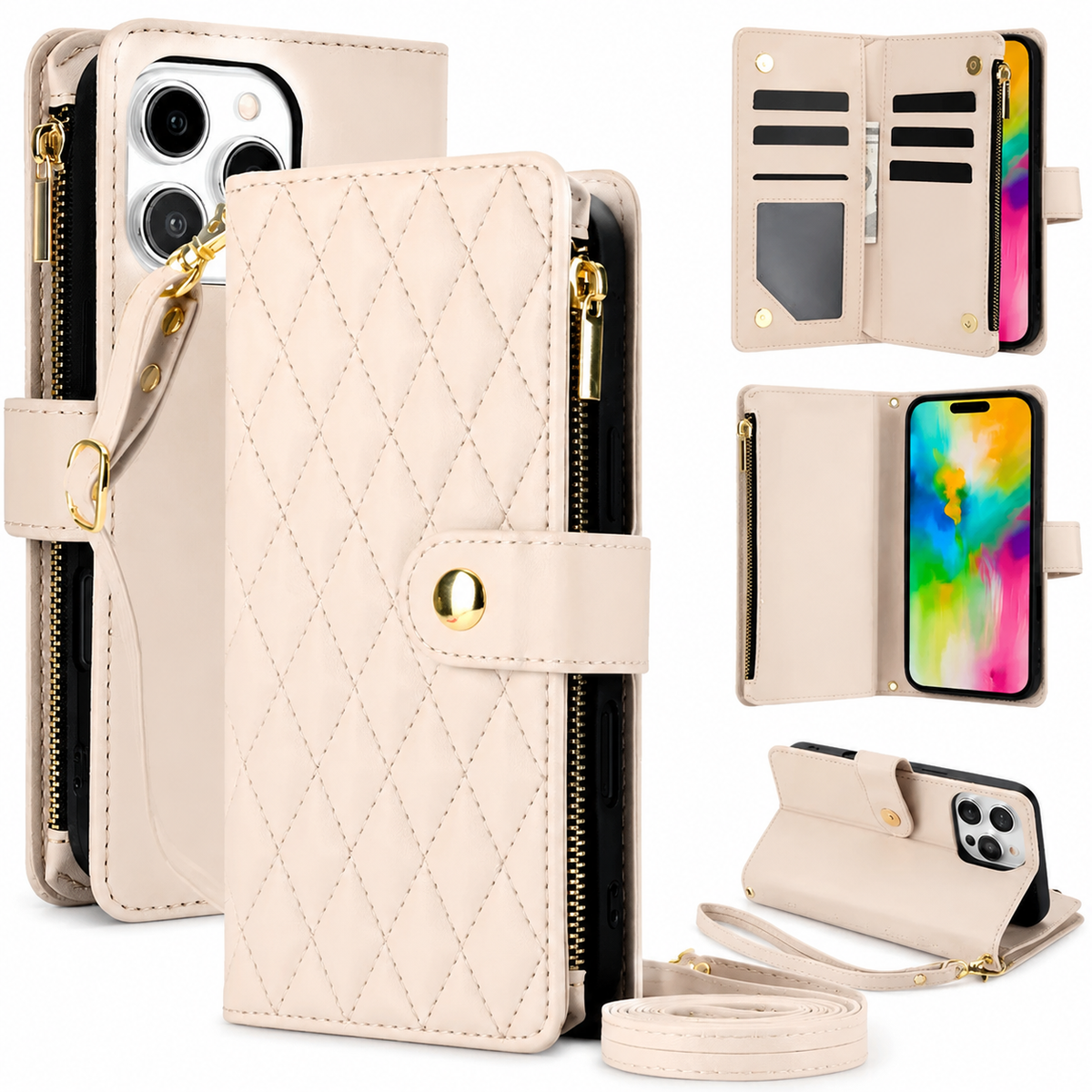 Premium iPhone Case Chain Zipper Wallet Flip Cover 6 Card Slots Magnetic Closure Shockproof Leather Protection Full Coverage Slim Stand Design