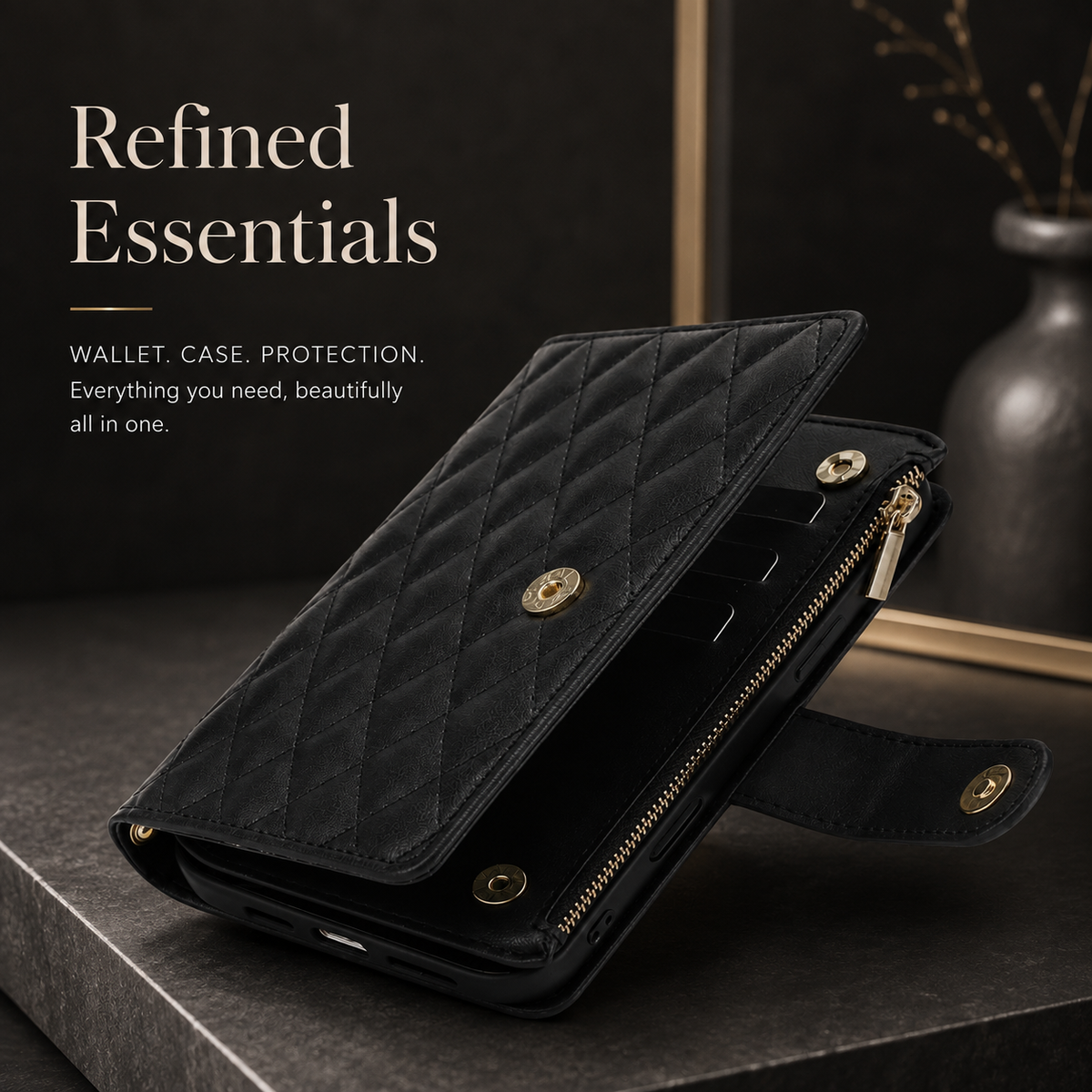 Premium iPhone Case Chain Zipper Wallet Flip Cover 6 Card Slots Magnetic Closure Shockproof Leather Protection Full Coverage Slim Stand Design