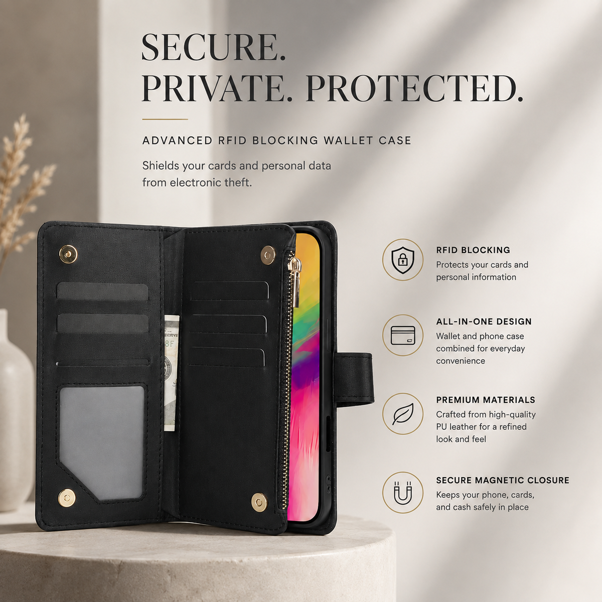 Premium iPhone Case Chain Zipper Wallet Flip Cover 6 Card Slots Magnetic Closure Shockproof Leather Protection Full Coverage Slim Stand Design