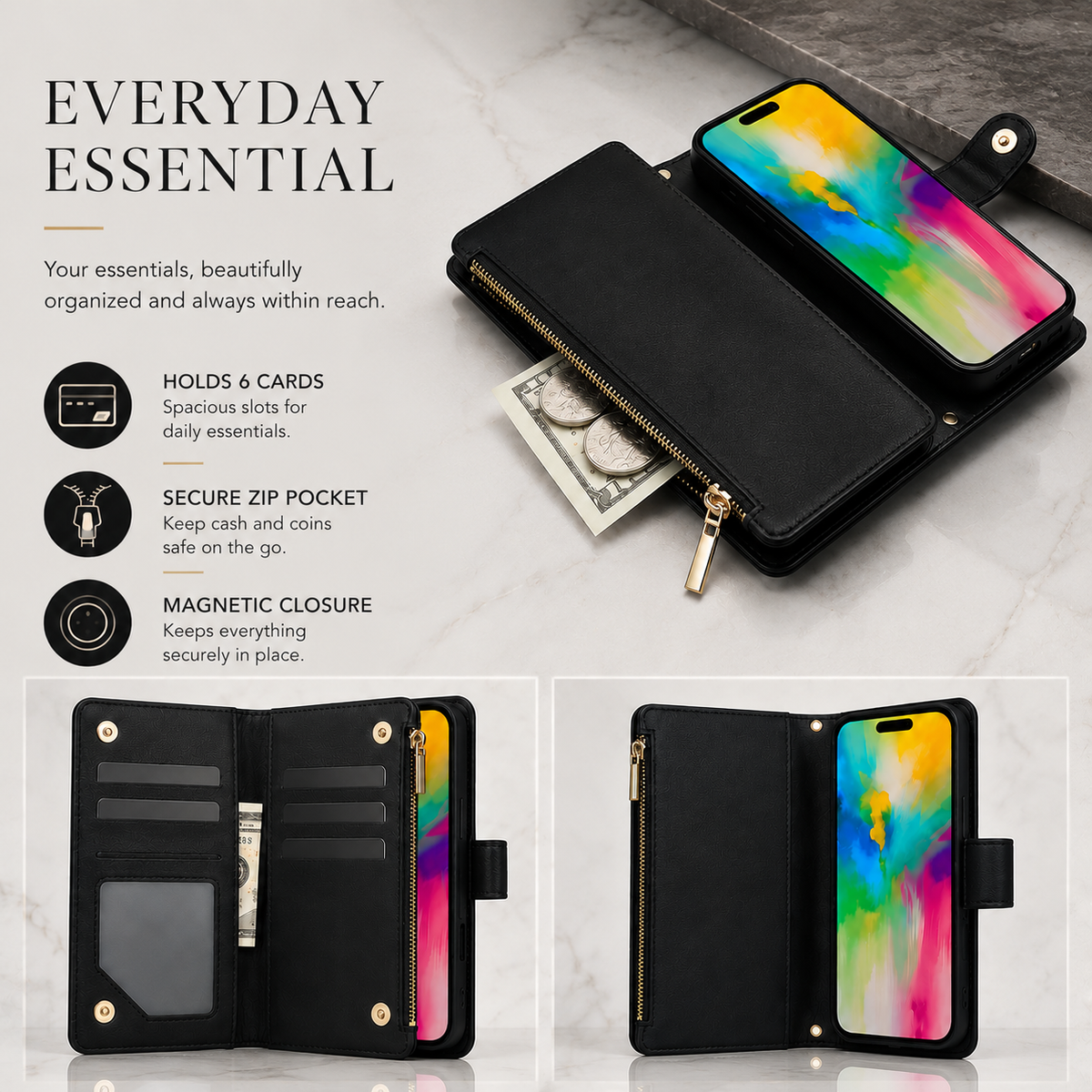 Premium iPhone Case Chain Zipper Wallet Flip Cover 6 Card Slots Magnetic Closure Shockproof Leather Protection Full Coverage Slim Stand Design
