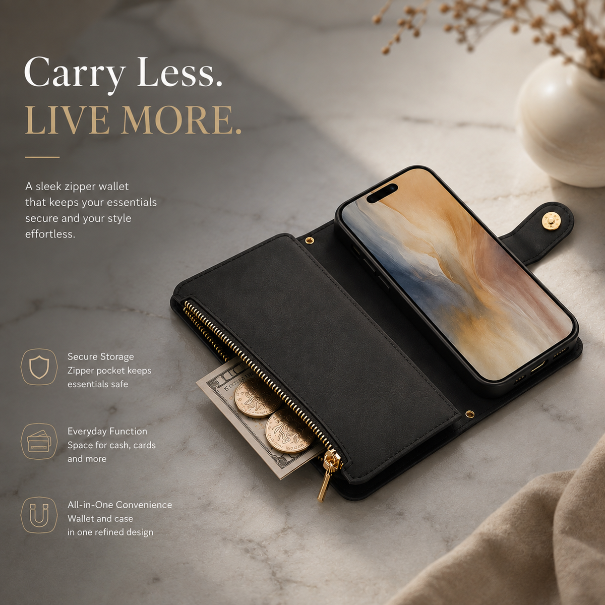 Premium iPhone Case Chain Zipper Wallet Flip Cover 6 Card Slots Magnetic Closure Shockproof Leather Protection Full Coverage Slim Stand Design