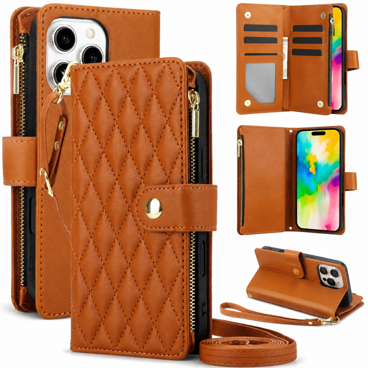 Premium iPhone Case Chain Zipper Wallet Flip Cover 6 Card Slots Magnetic Closure Shockproof Leather Protection Full Coverage Slim Stand Design