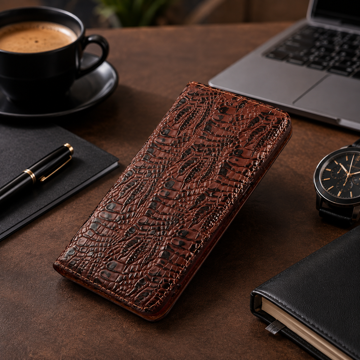 Premium iPhone Case Crocodile Texture Genuine Leather Flip Cover Card Pocket Non Slip Shockproof Full Protection Slim Elegant Magnetic Closure Design
