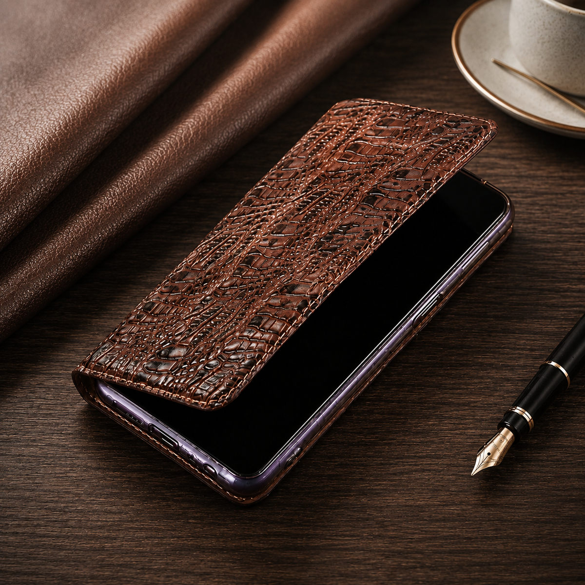 Premium iPhone Case Crocodile Texture Genuine Leather Flip Cover Card Pocket Non Slip Shockproof Full Protection Slim Elegant Magnetic Closure Design