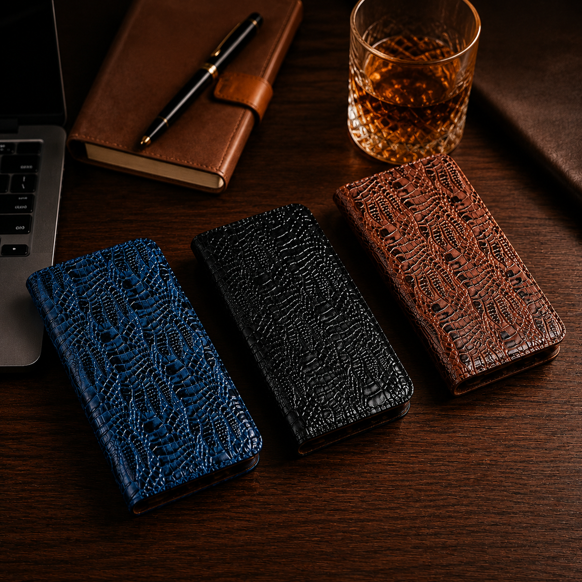 Premium iPhone Case Crocodile Texture Genuine Leather Flip Cover Card Pocket Non Slip Shockproof Full Protection Slim Elegant Magnetic Closure Design