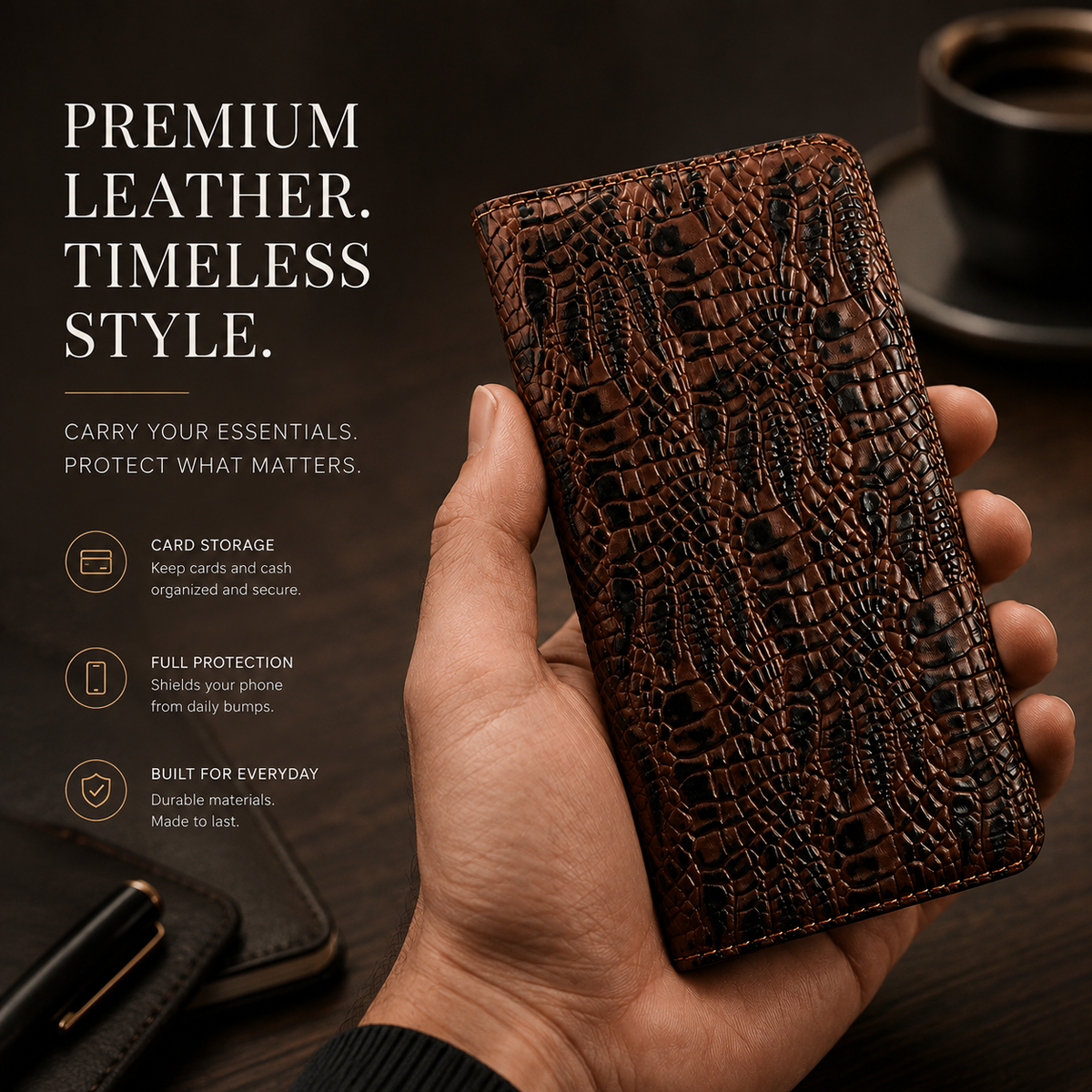 Premium iPhone Case Crocodile Texture Genuine Leather Flip Cover Card Pocket Non Slip Shockproof Full Protection Slim Elegant Magnetic Closure Design
