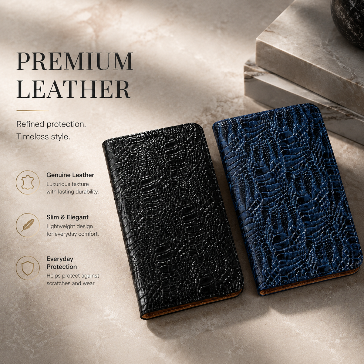 Premium iPhone Case Crocodile Texture Genuine Leather Flip Cover Card Pocket Non Slip Shockproof Full Protection Slim Elegant Magnetic Closure Design