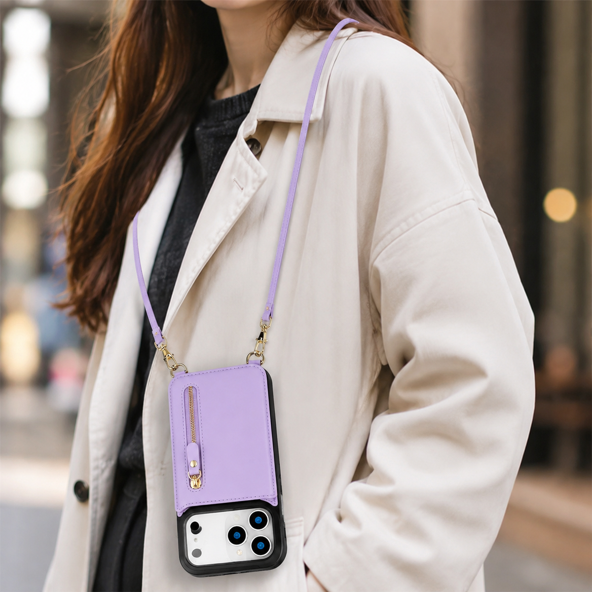 Premium iPhone Case Crossbody Leather RFID Wallet Card Holder Zipper Pocket Lanyard Shockproof Protective Cover Anti Fingerprint Anti Scratch Secure Storage