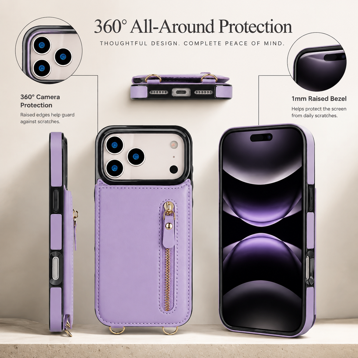 Premium iPhone Case Crossbody Leather RFID Wallet Card Holder Zipper Pocket Lanyard Shockproof Protective Cover Anti Fingerprint Anti Scratch Secure Storage