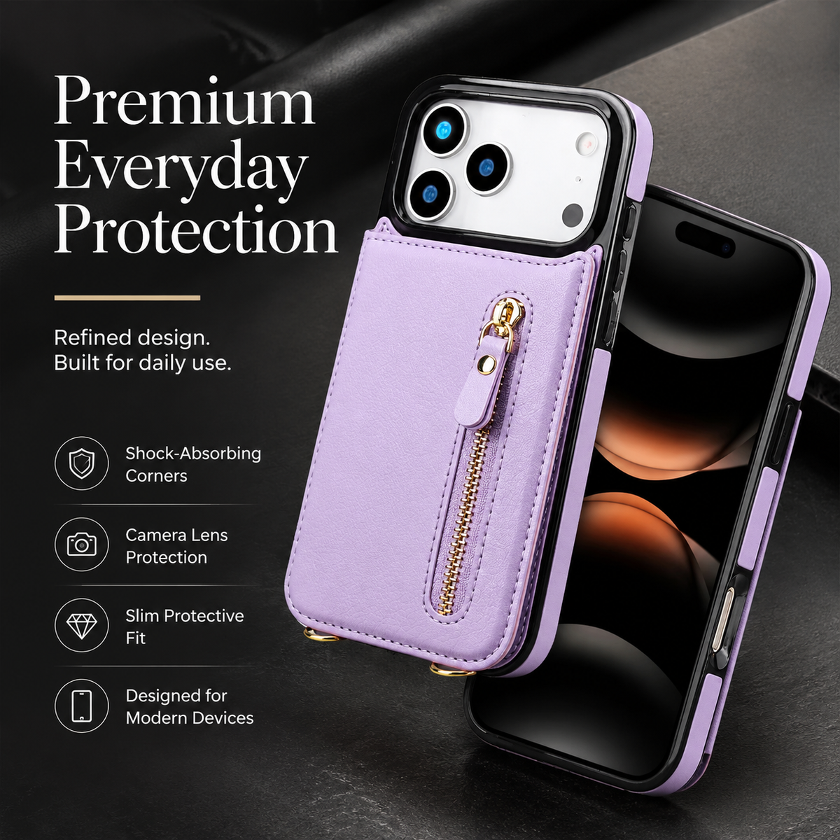 Premium iPhone Case Crossbody Leather RFID Wallet Card Holder Zipper Pocket Lanyard Shockproof Protective Cover Anti Fingerprint Anti Scratch Secure Storage