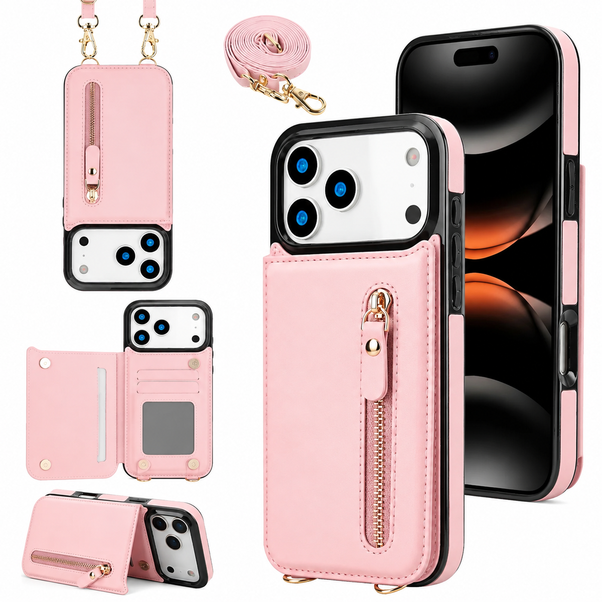 Premium iPhone Case Crossbody Leather RFID Wallet Card Holder Zipper Pocket Lanyard Shockproof Protective Cover Anti Fingerprint Anti Scratch Secure Storage