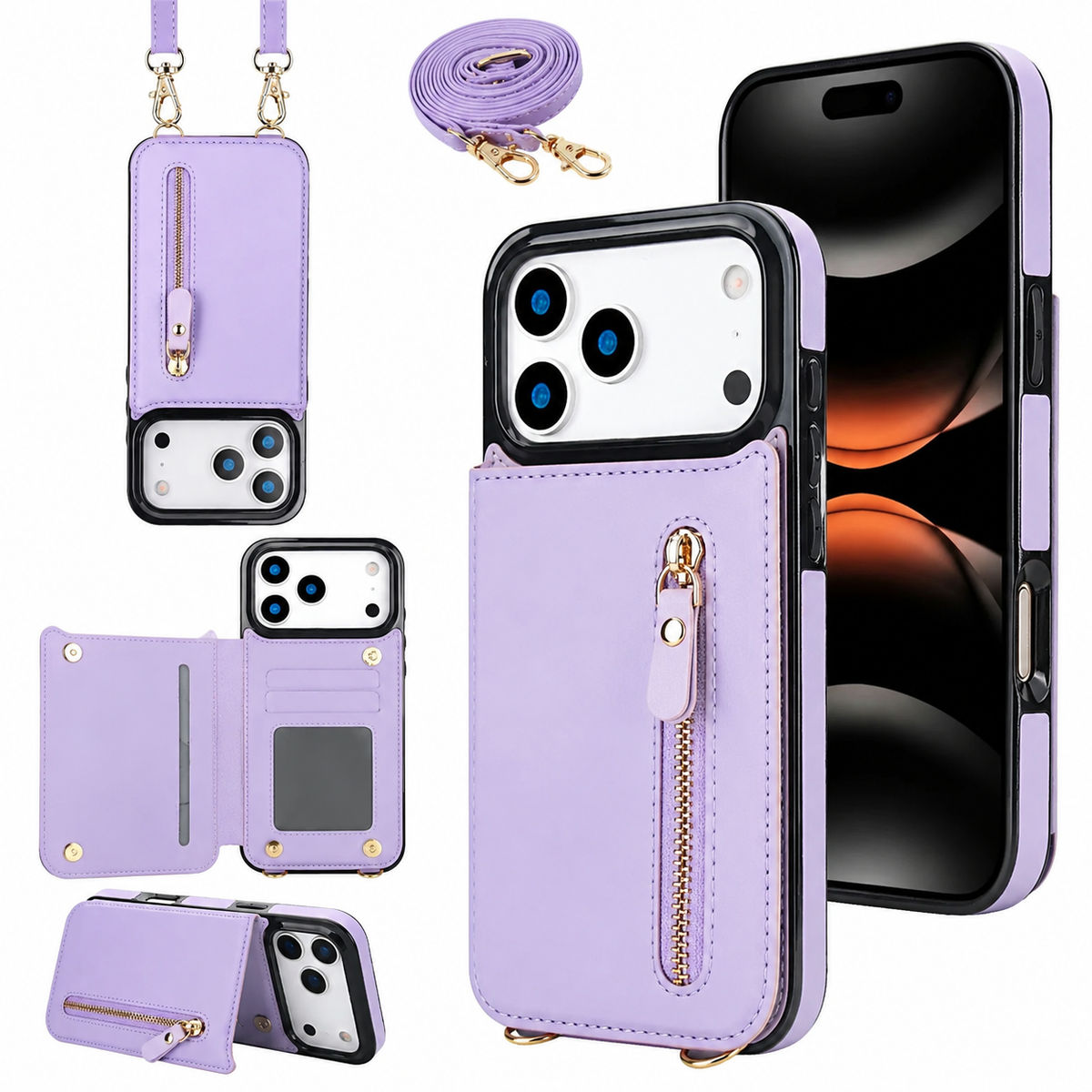 Premium iPhone Case Crossbody Leather RFID Wallet Card Holder Zipper Pocket Lanyard Shockproof Protective Cover Anti Fingerprint Anti Scratch Secure Storage