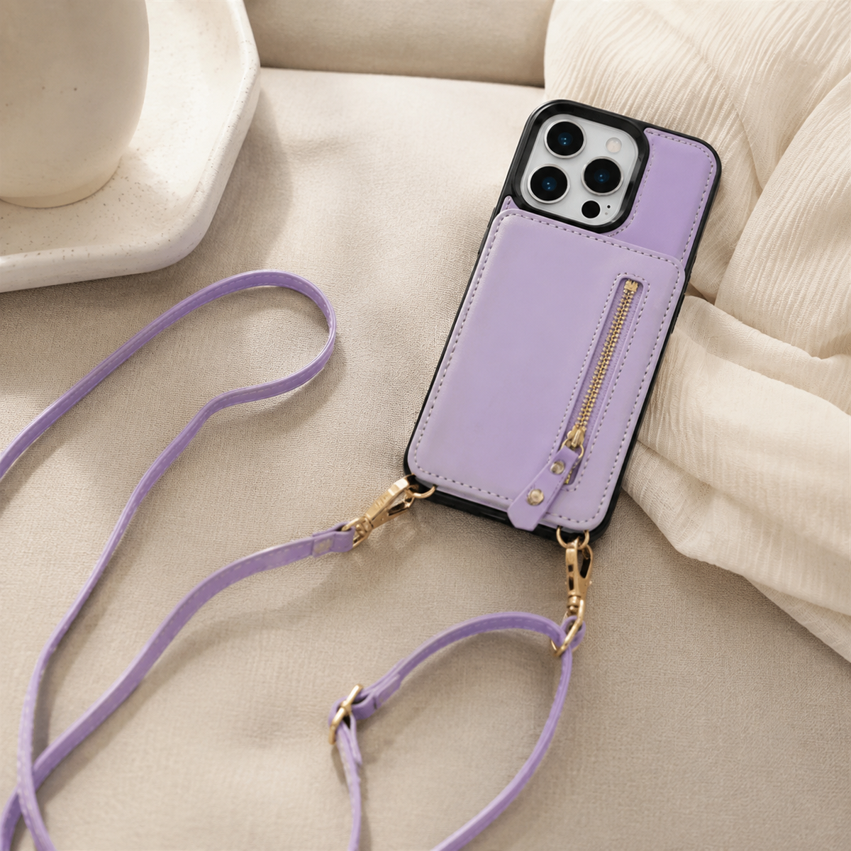 Premium iPhone Case Crossbody Leather RFID Wallet Card Holder Zipper Pocket Lanyard Shockproof Protective Cover Anti Fingerprint Anti Scratch Secure Storage