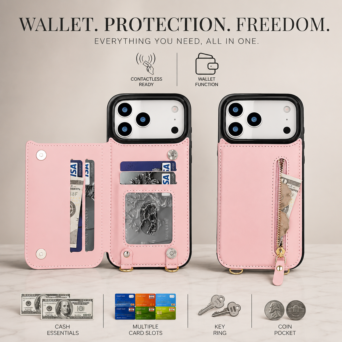 Premium iPhone Case Crossbody Leather RFID Wallet Card Holder Zipper Pocket Lanyard Shockproof Protective Cover Anti Fingerprint Slim Secure Storage