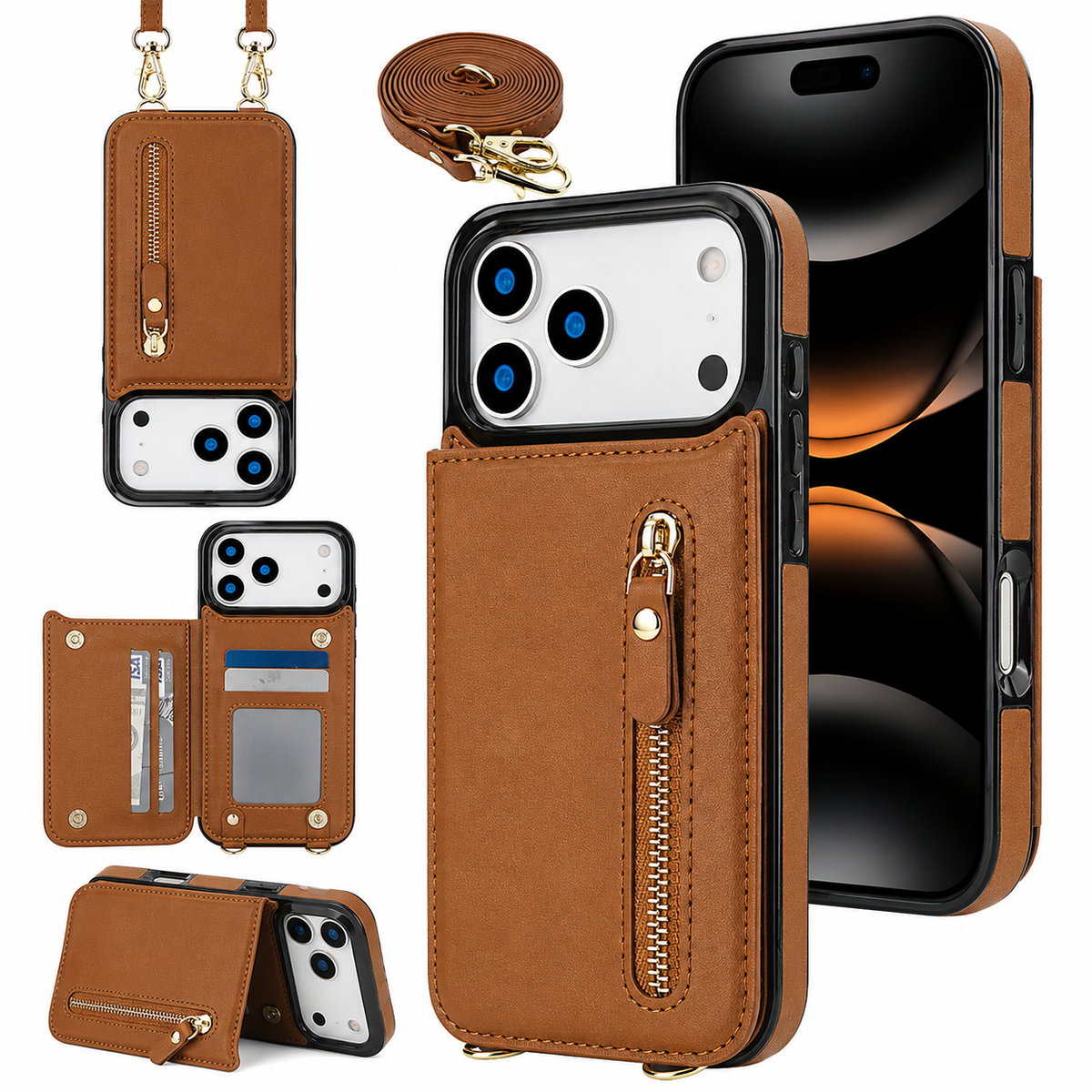 Premium iPhone Case Crossbody Leather RFID Wallet Card Holder Zipper Pocket Lanyard Shockproof Protective Cover Anti Fingerprint Slim Secure Storage