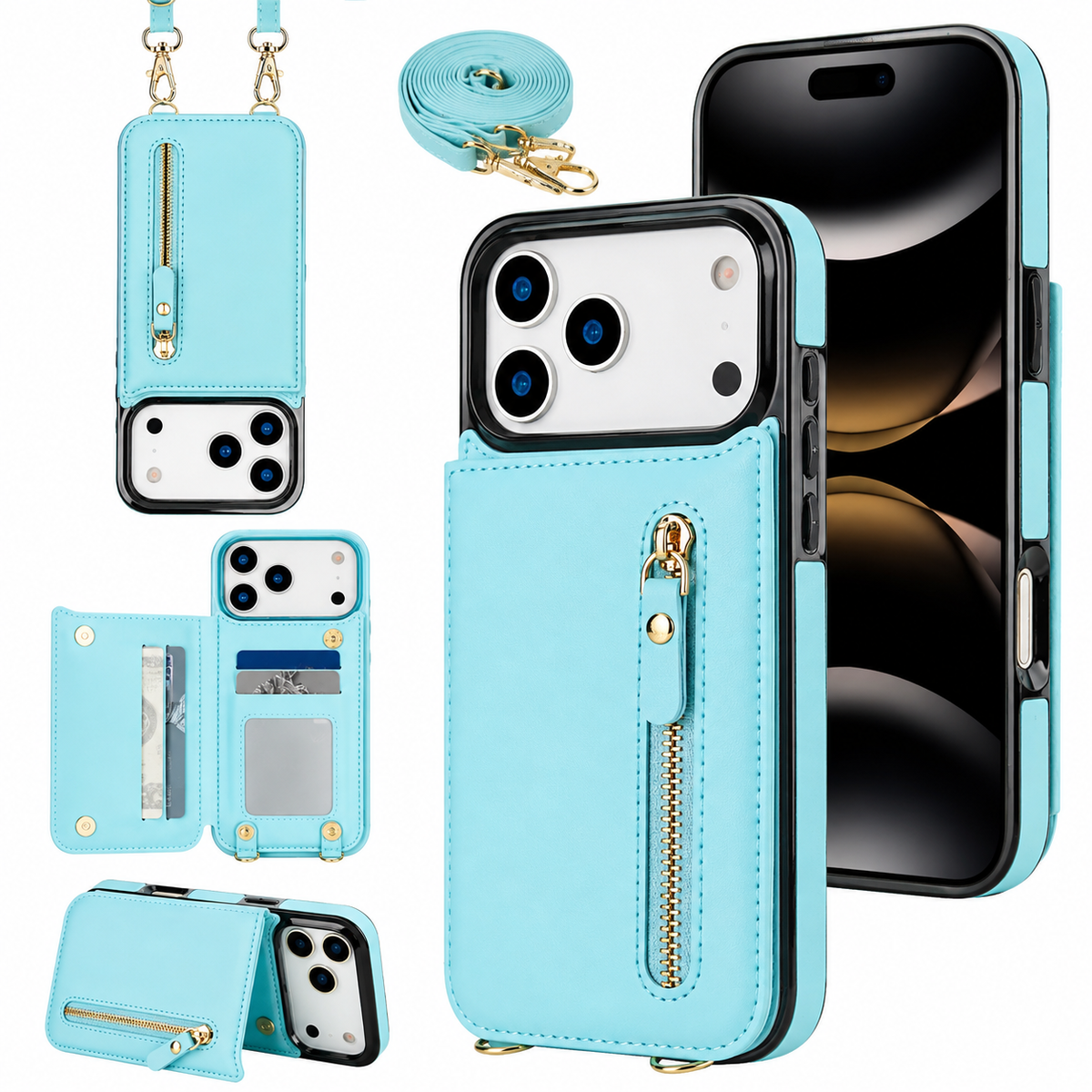 Premium iPhone Case Crossbody Leather RFID Wallet Card Holder Zipper Pocket Lanyard Shockproof Protective Cover Anti Fingerprint Slim Secure Storage