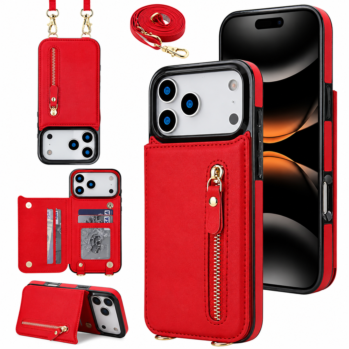 Premium iPhone Case Crossbody Leather RFID Wallet Card Holder Zipper Pocket Lanyard Shockproof Protective Cover Anti Fingerprint Slim Secure Storage