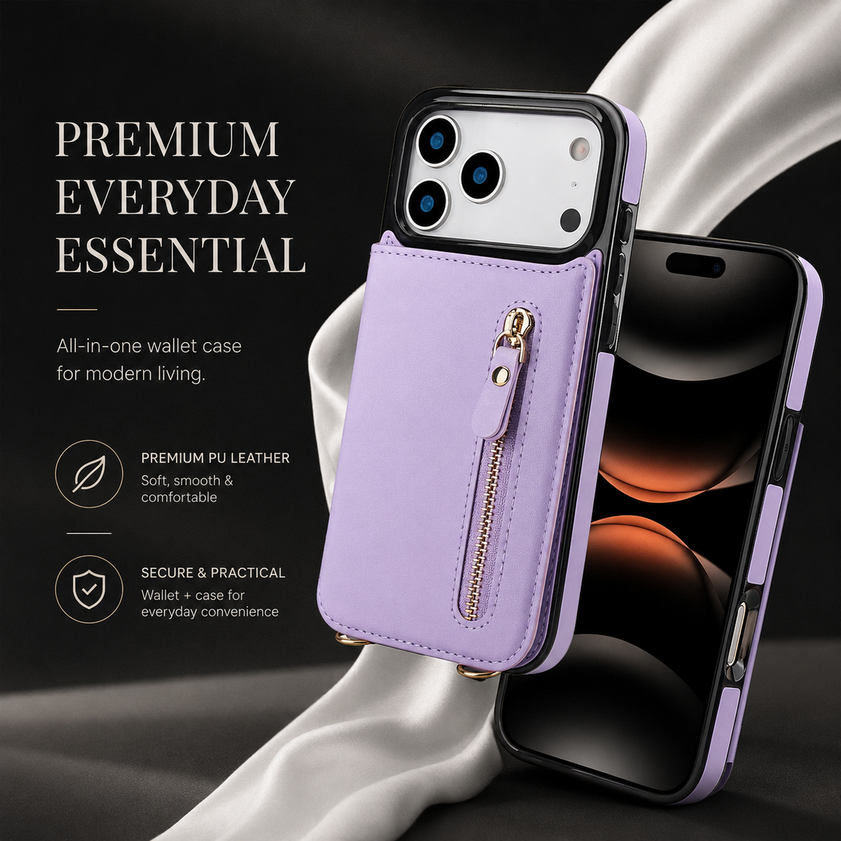Premium iPhone Case Crossbody Leather RFID Wallet Card Holder Zipper Pocket Lanyard Shockproof Protective Cover Anti Fingerprint Slim Secure Storage