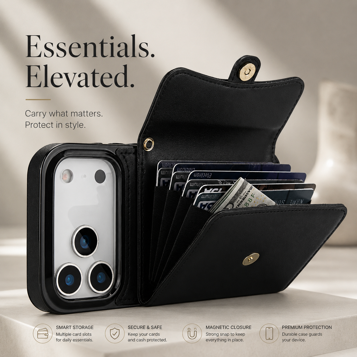 Premium iPhone Case Crossbody Leather Wallet Card Holder Coin Pocket Shoulder Strap Wrist Lanyard Shockproof Protective Cover Non Slip Secure Storage