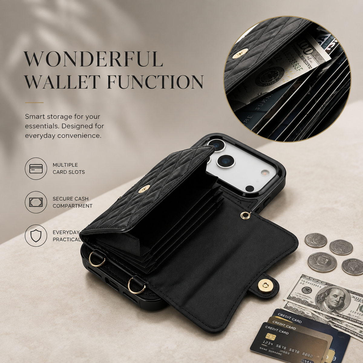 Premium iPhone Case Crossbody Leather Wallet Card Holder Coin Pocket Shoulder Strap Wrist Lanyard Shockproof Protective Cover Non Slip Secure Storage