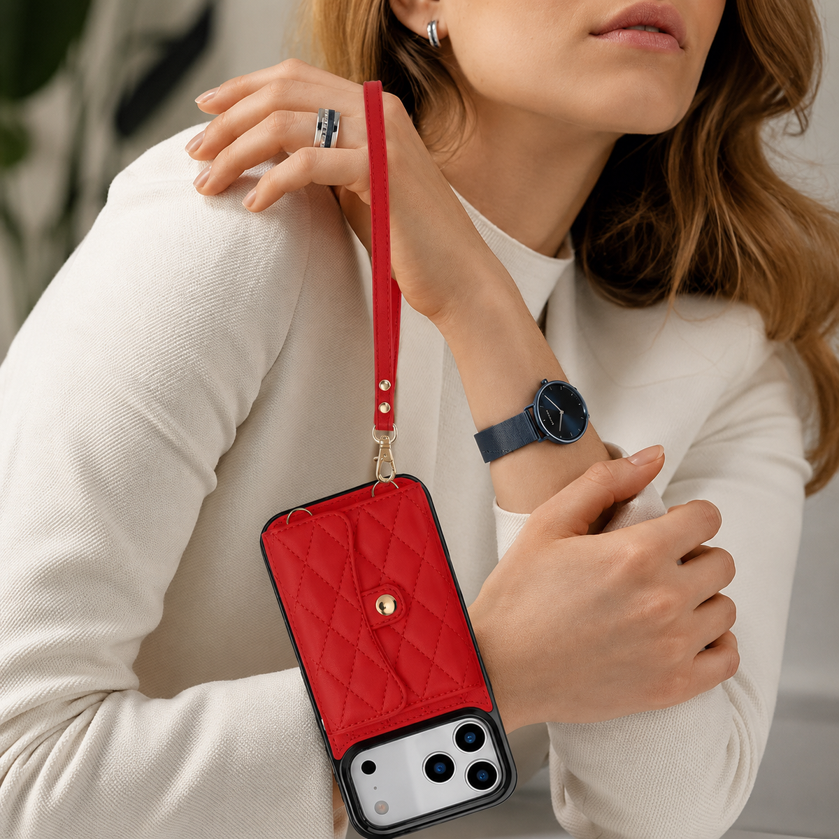 Premium iPhone Case Crossbody Leather Wallet Card Holder Coin Pocket Shoulder Strap Wrist Lanyard Shockproof Protective Cover Non Slip Secure Storage