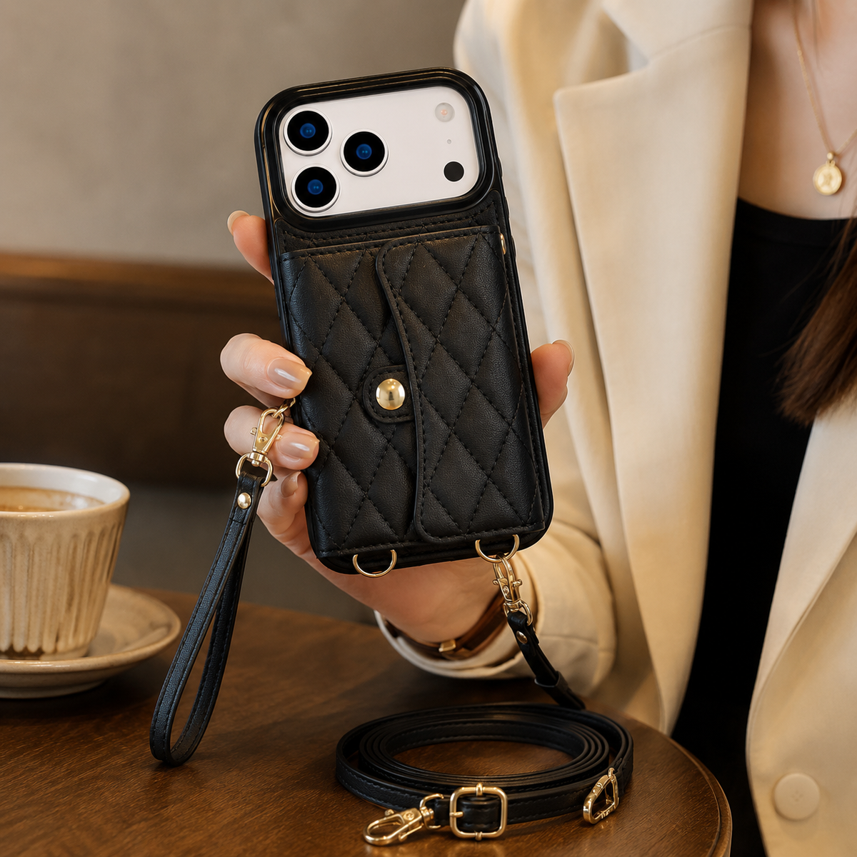 Premium iPhone Case Crossbody Leather Wallet Card Holder Coin Pocket Shoulder Strap Wrist Lanyard Shockproof Protective Cover Non Slip Secure Storage