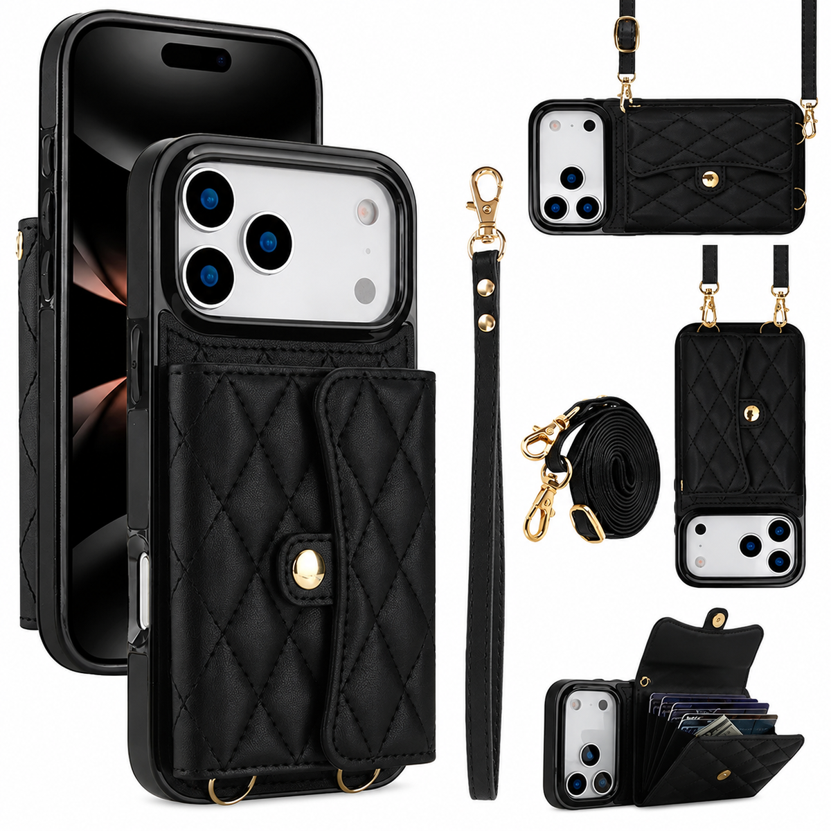 Premium iPhone Case Crossbody Leather Wallet Card Holder Coin Pocket Shoulder Strap Wrist Lanyard Shockproof Protective Cover Non Slip Secure Storage