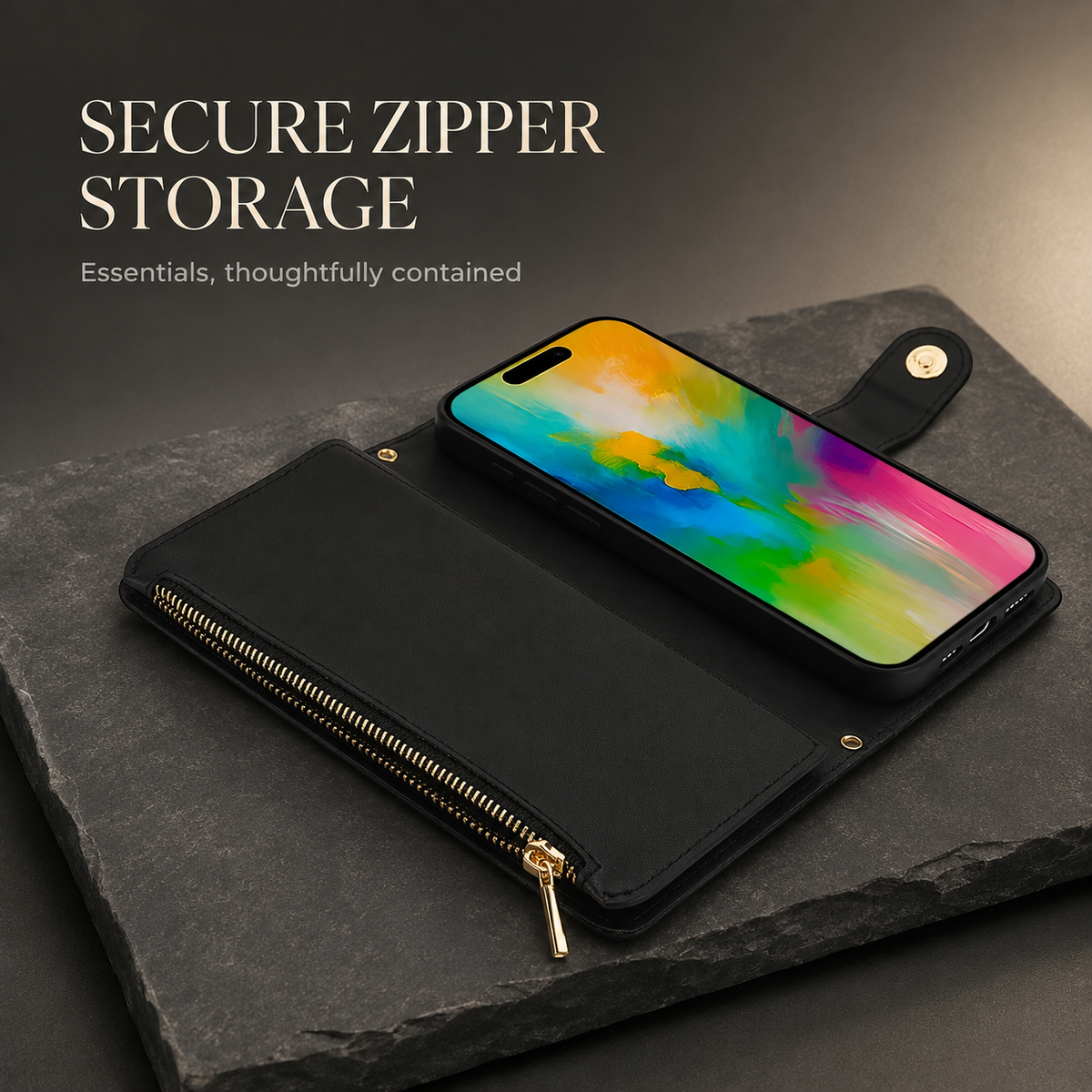 Premium iPhone Case Crossbody Leather Wallet Card Holder Zipper Pocket Chain Strap Magnetic Closure Kickstand Shockproof Anti Scratch Secure Storage