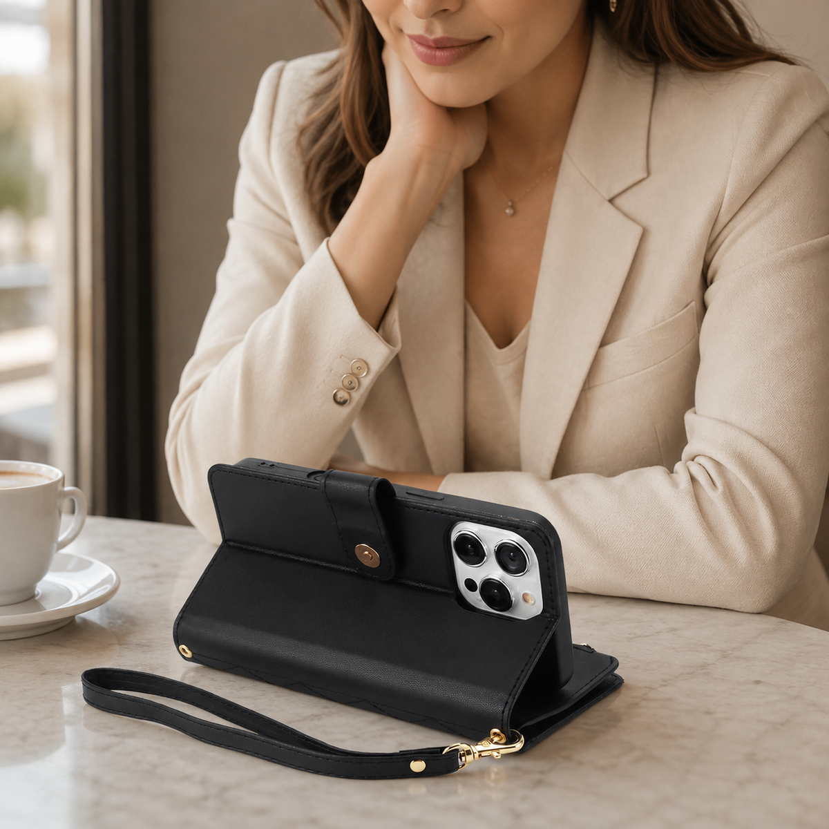 Premium iPhone Case Crossbody Leather Wallet Card Holder Zipper Pocket Chain Strap Magnetic Closure Kickstand Shockproof Anti Scratch Secure Storage