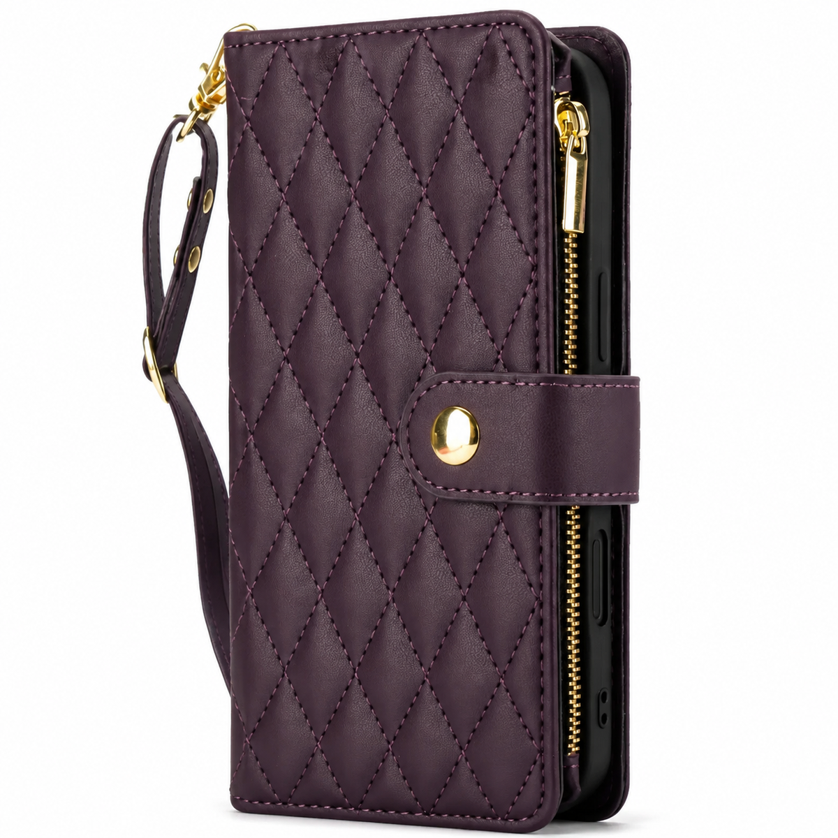 Premium iPhone Case Crossbody Leather Wallet Card Holder Zipper Pocket Chain Strap Magnetic Closure Kickstand Shockproof Anti Scratch Secure Storage
