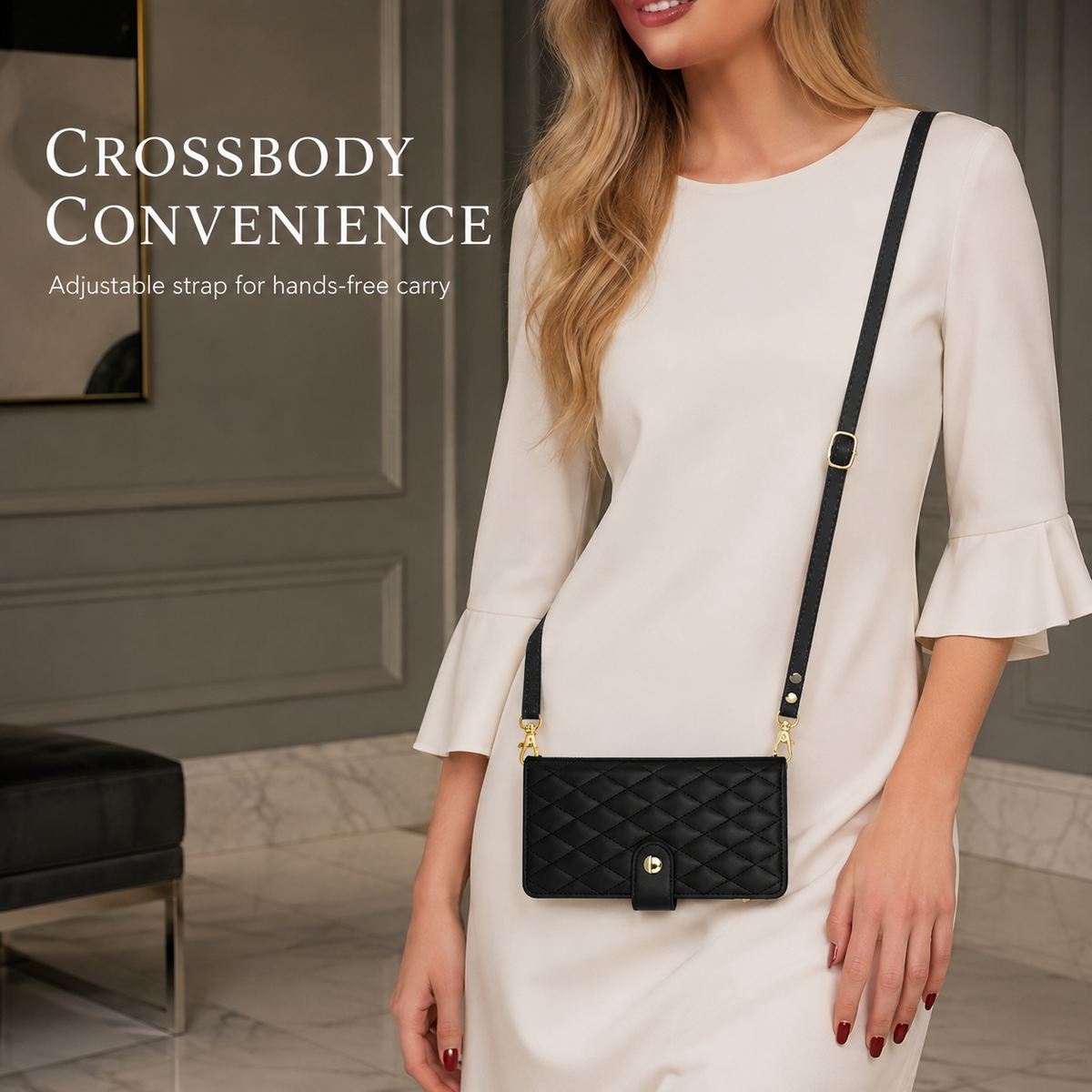 Premium iPhone Case Crossbody Leather Wallet Card Holder Zipper Pocket Chain Strap Magnetic Closure Kickstand Shockproof Anti Scratch Secure Storage