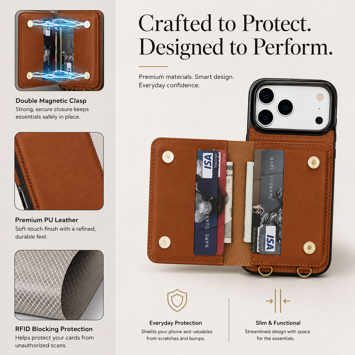 Premium iPhone Case Crossbody Leather Wallet RFID Card Holder Strap Pocket Kickstand Protective Flip Cover Shockproof Storage Phone Case