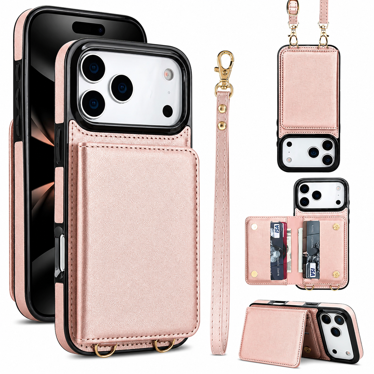 Premium iPhone Case Crossbody Leather Wallet RFID Card Holder Strap Pocket Kickstand Protective Flip Cover Shockproof Storage Phone Case