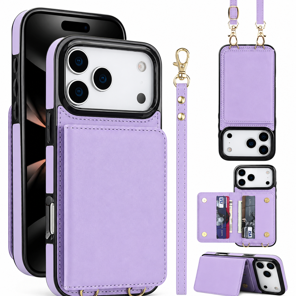 Premium iPhone Case Crossbody Leather Wallet RFID Card Holder Strap Pocket Kickstand Protective Flip Cover Shockproof Storage Phone Case