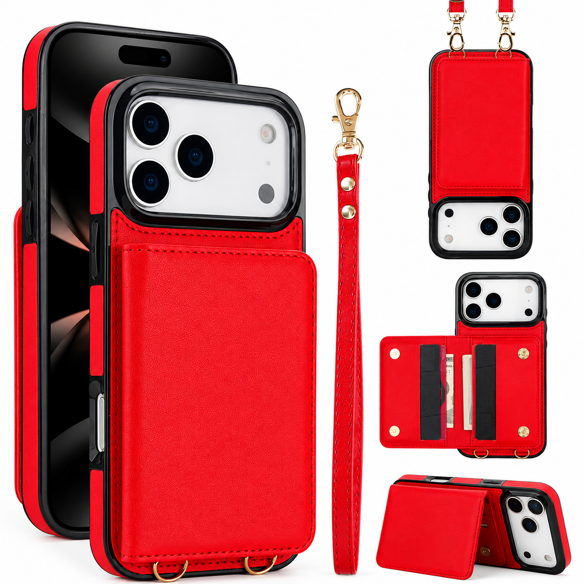 Premium iPhone Case Crossbody Leather Wallet RFID Card Holder Strap Pocket Kickstand Protective Flip Cover Shockproof Storage Phone Case