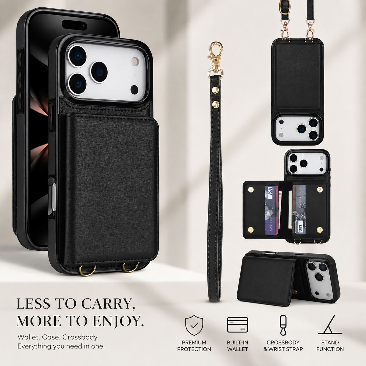 Premium iPhone Case Crossbody Leather Wallet RFID Card Holder Strap Pocket Kickstand Protective Flip Cover Shockproof Storage Phone Case