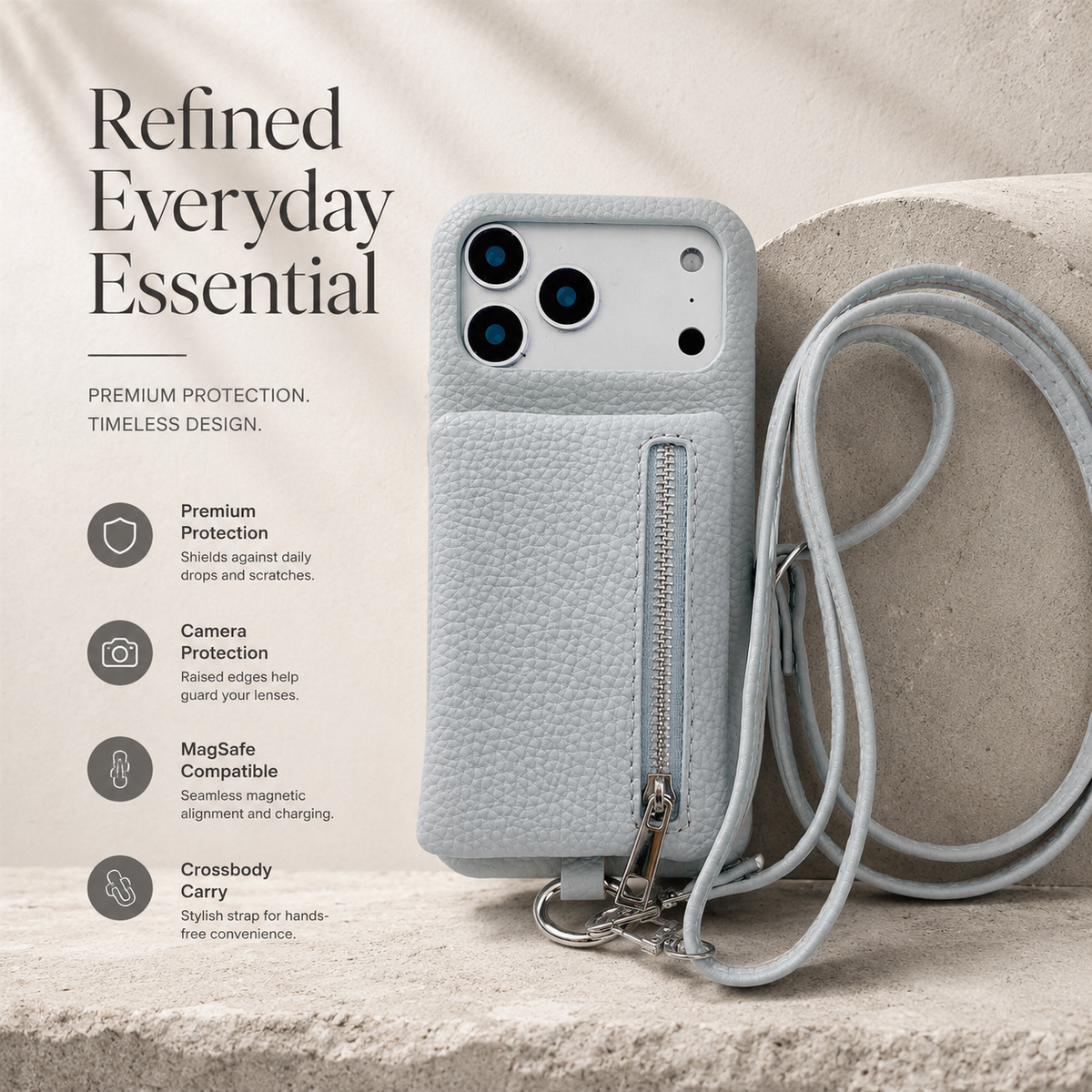 Premium iPhone Case Crossbody Leather Zippered Wallet Card Holder Protective Cover Shockproof Anti Scratch Strap Storage Slim Travel Phone Case Design