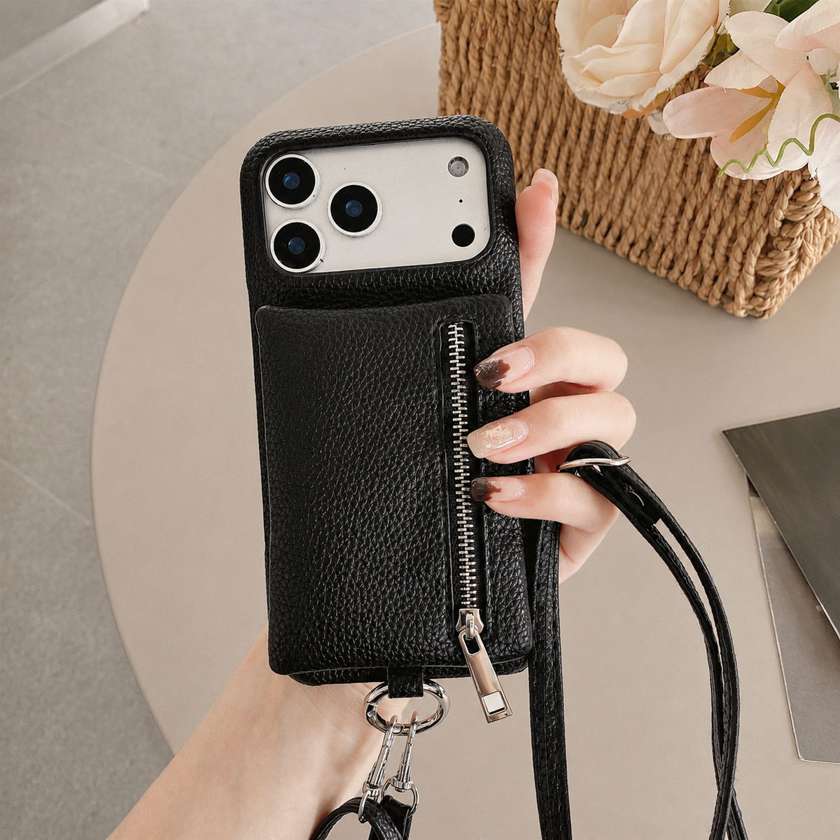 Premium iPhone Case Crossbody Leather Zippered Wallet Card Holder Protective Cover Shockproof Anti Scratch Strap Storage Slim Travel Phone Case Design